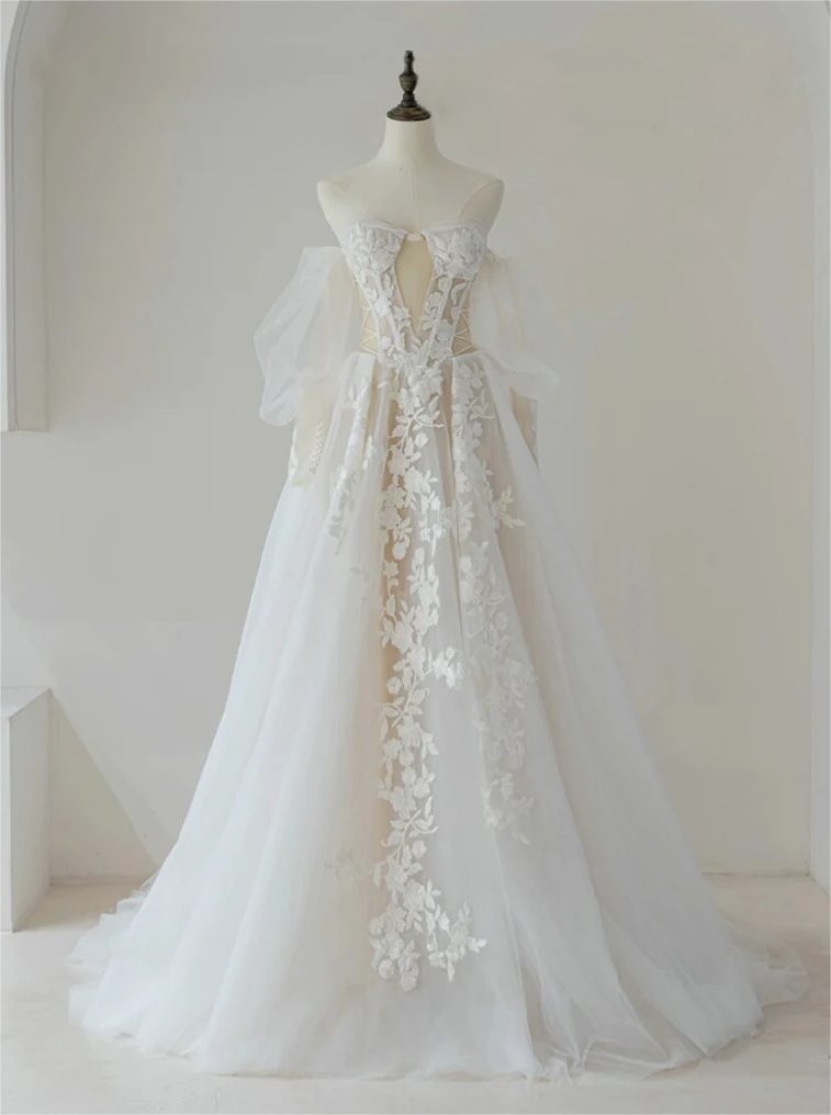 Light Champagne A-Line Lace Tulle Long Wedding Dresses 2025, Lace Tulle Formal Dress
