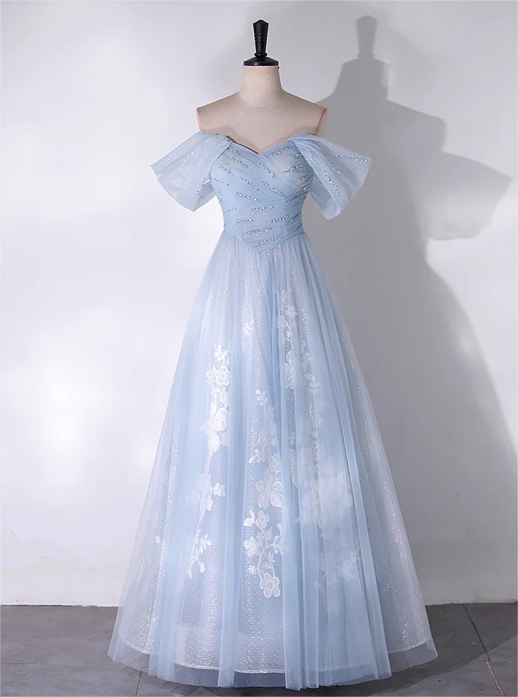 Off-the-shoulder Tulle Lace Blue Long Prom Dress 2025, Blue Long Formal  Dress on Luulla
