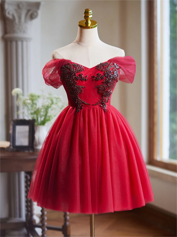 Prom Dresses,a-line Off Shoulder V Neck Tulle Burgundy Short Prom Dress With Beadsss