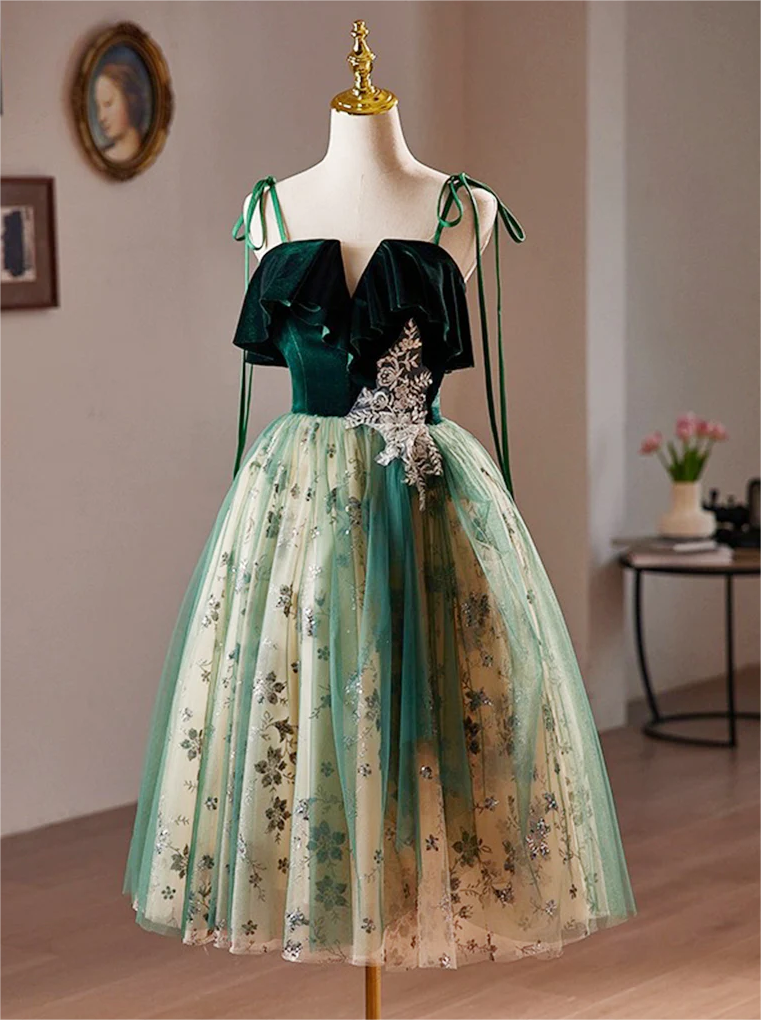 A-line Tulle Sequin Velvet Green Short Prom Dress, Green Homecoming Dress  2025 on Luulla