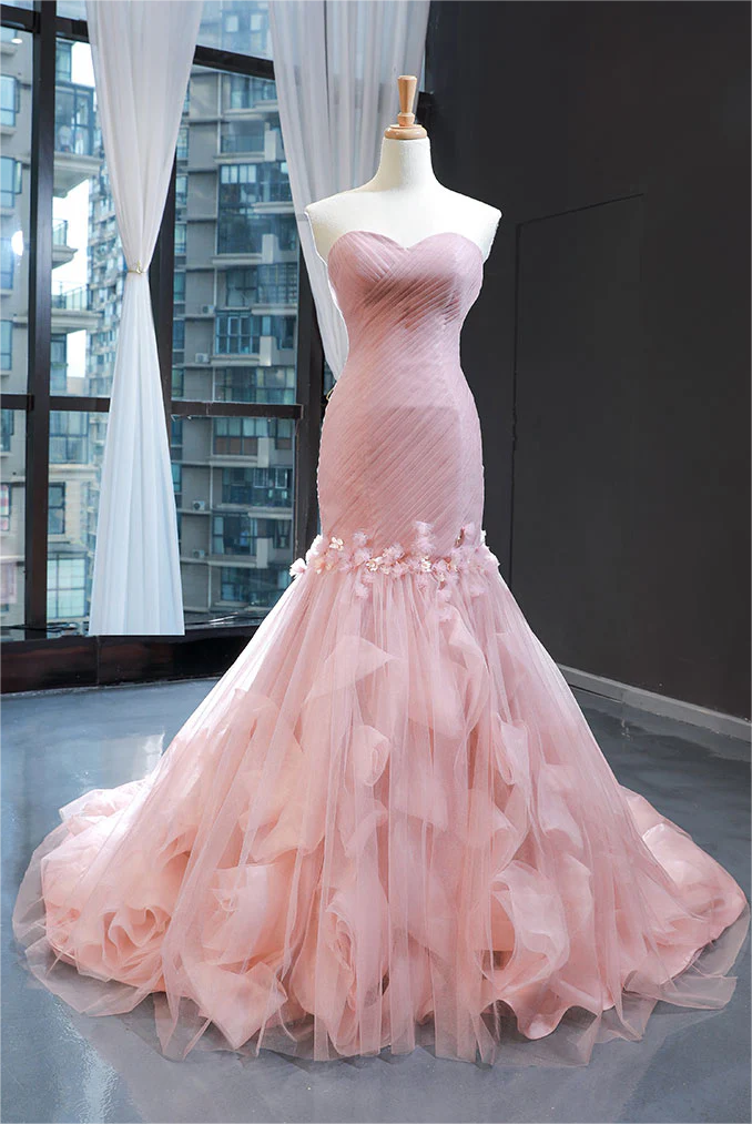chinese dress ladies Pink Sweetheart Strapless Mermaid Tulle Prom Dress – FancyVestido
