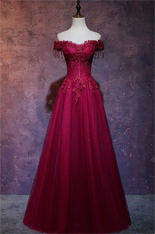 burgundy off the shoulder lace dress Misshow Burgundy Ball Gown Off-Shoulder Long Sleeves with Beaded 3D Flower Lace Appliques for Quinceanera Sweet 16 & Princess Birthday Parties main image 0