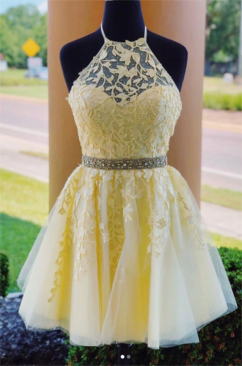 Yellow Tulle Lace Short Prom Dress Yellow Homecoming Dress 2025