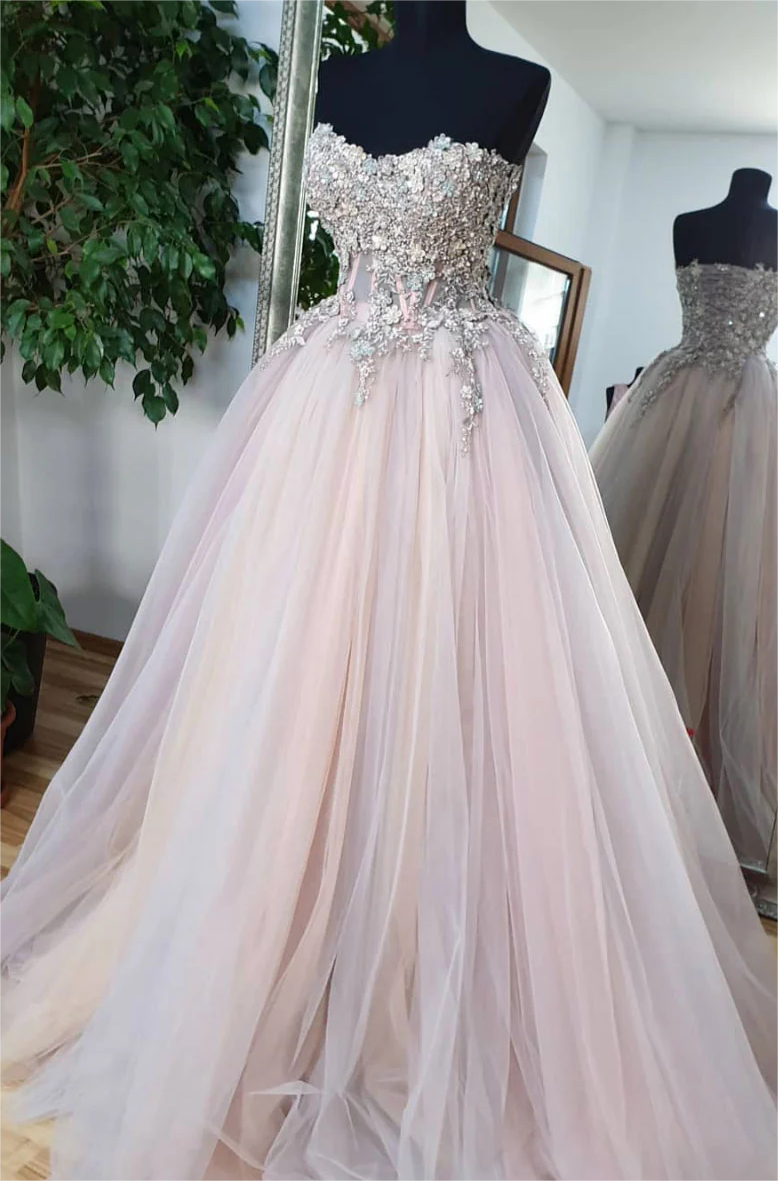 Pink Ombre Sweetheart Tulle Lace Long Prom Dress 2025, Tulle Lace Evening Dress