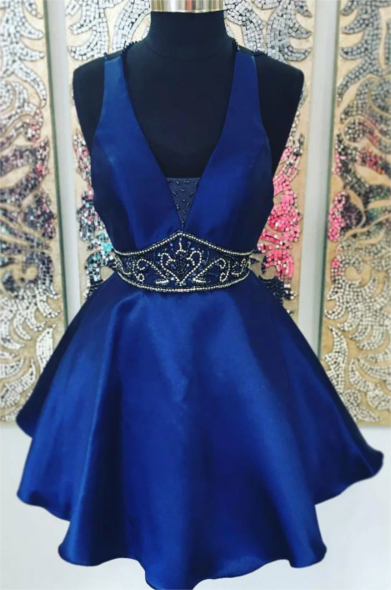 Blue V Neck Satin Short Prom Dress, Blue Homecoming Dress 2025 on Luulla Blue V Neck Satin Short Prom Dress, Blue Homecoming Dress 2025 on Luulla
