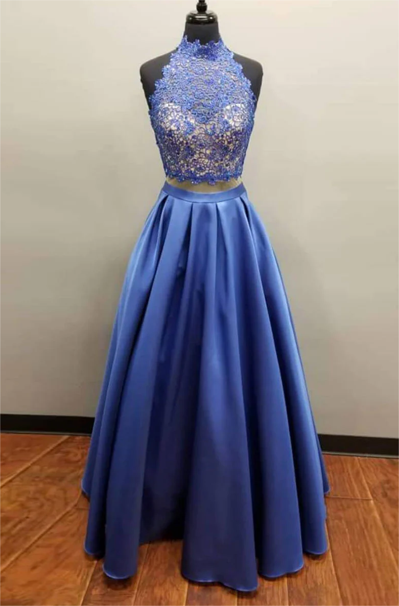blue lace two piece dress Elegant A Line V Neck Two Pieces Navy Blue Lace Prom Dress with Slit, –  abcprom main image 1