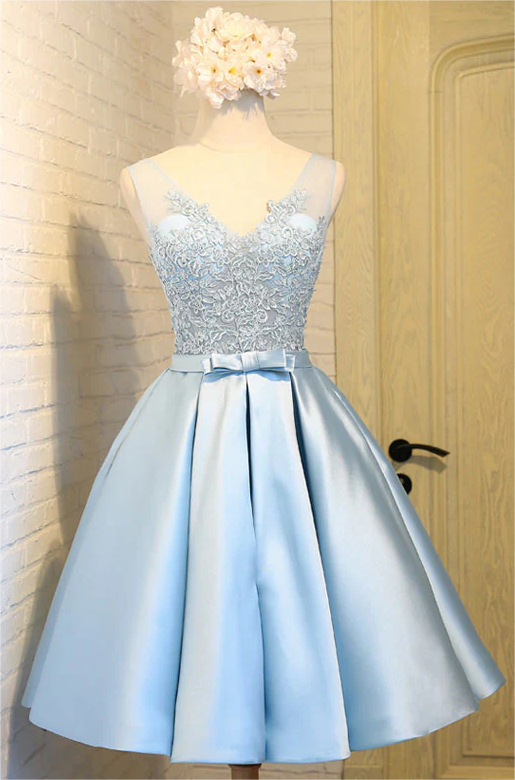light blue homecoming dresses 2025 Light Blue V Neck Lace Applique Short Prom Dress, Blue Homecoming Dress 2025