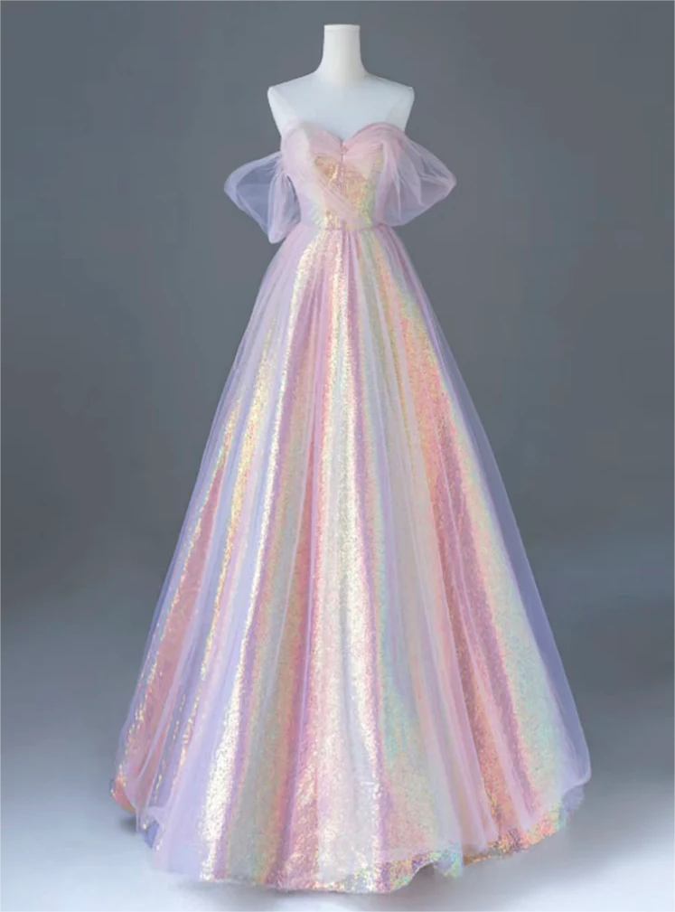Pink Sweetheart Neck Tulle Sequin Long Prom Dress 2025, Pink Long Graduation Dress