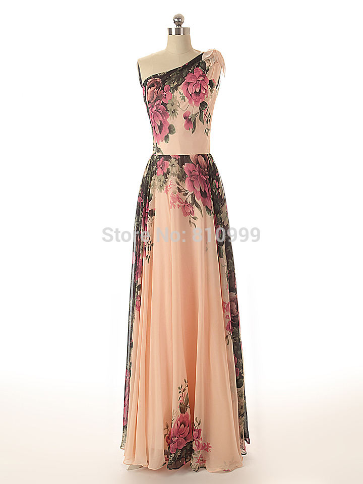 One-shoulder Floral Printed Flower Sexy Lady Formal For Wedding Party Dress Long Evening Dresses Gown