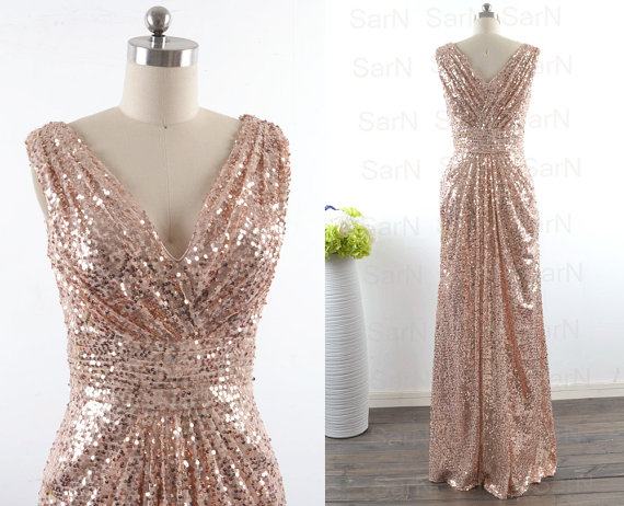 Sequin Lace V Neck Sexy Mermaid Gold Prom Dress Long Dress For Plus Size
