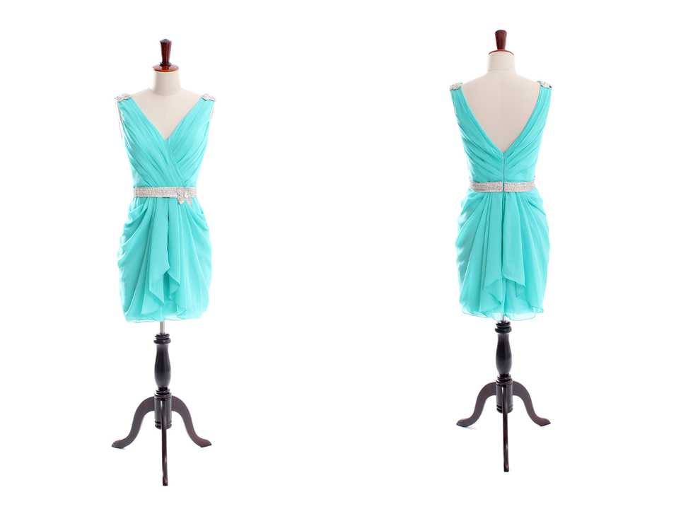 Fashion Belt Dress Mint V-neck Prom Dress Evening Dress Chiffon Knee-length Bridesmaid Dresses