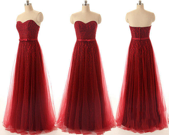 Sweetheart Strapless A Line Wedding Party Dress Elegant Long Burgundy Red Wine Lace Prom Dress Formal Evening Dresses Bridesmaid Dress Burgundy