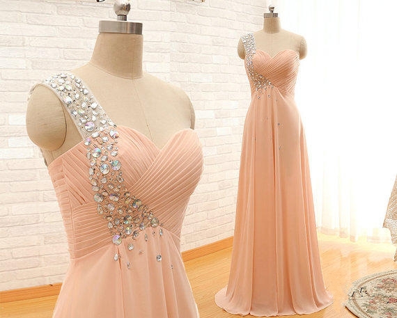 Custom Made One Shoulder Crystal Prom Dress 2015 Sweetheart One Shoulder A Lone Long Chiffon Crystal Prom Dresses