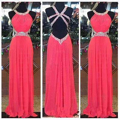 Custom Made Pretty Watermelon Backless Prom Dresses Style Prom Prom Gown Evening Dresses Formal Dresses
