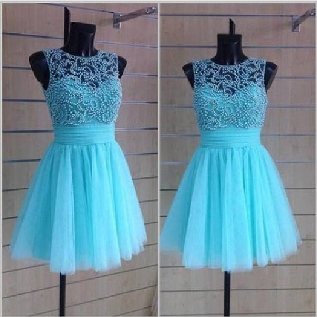 Blue Tulle Knee Length Prom Dresses With Beadings Blue Formal Dresses Tulle Blue Party Dresses