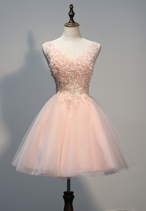 Appliques Homecoming Dress V-neck Prom Dress Pink Tulle Short Dresses Mini Party Dresses