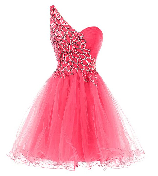 One-shoulder Homecoming Dress V-neck Prom Dress Fuchsia Tulle Short Dresses Mini Party Dresses