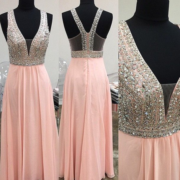 High Quality A-line Chiffon Sequined Prom Dress V-neck Beading Eveing Dresses Backless Pink Prom Dress Long Dresses Party Dresses