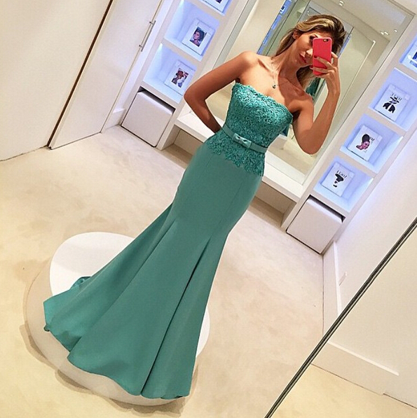 Strapless Lace Applique Mermaid Prom Dress Long Evening Party Dresses Formal Dress