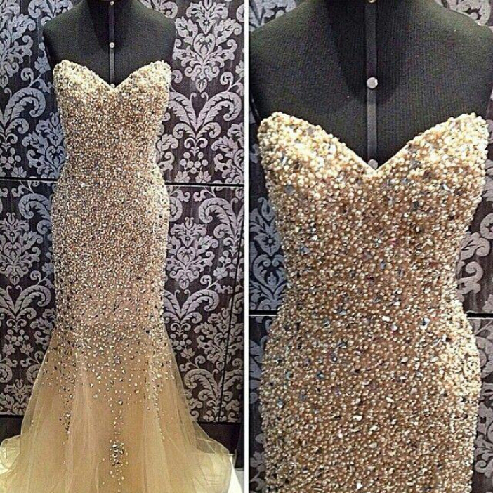 Gorgeous Champagne Mermaid Prom Dress Sweetheart Evening Dresses With Beading And Pearls