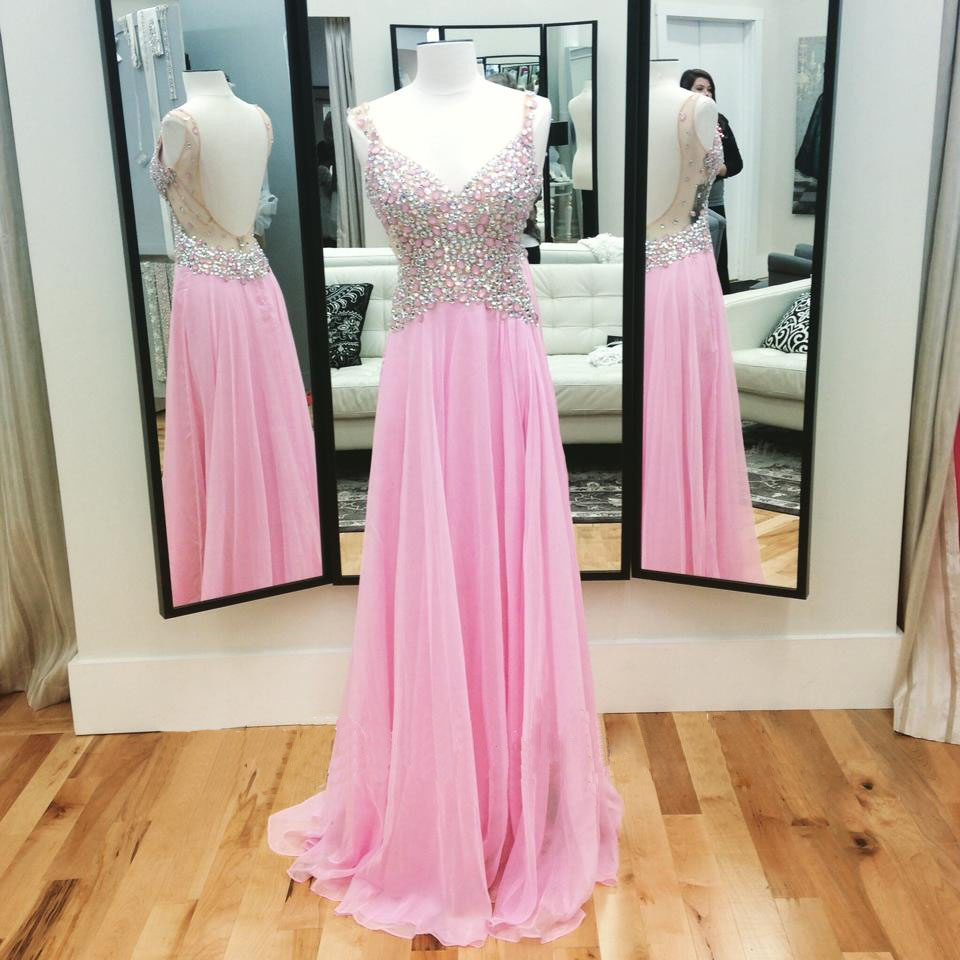 V-neck Prom Dress Pink Rhinestone Prom Dress Popular Prom Dress Backless Prom Dress Evening Dress 2015 Unique Prom Dress