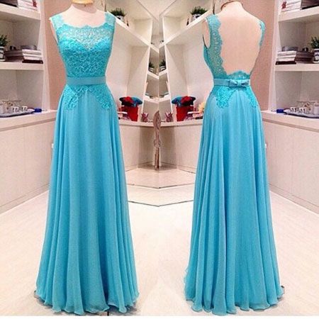 Custom Made Sleeveless Lace And Chiffon Long Blue Prom Dress Prom Dresses 2017 Prom Dress