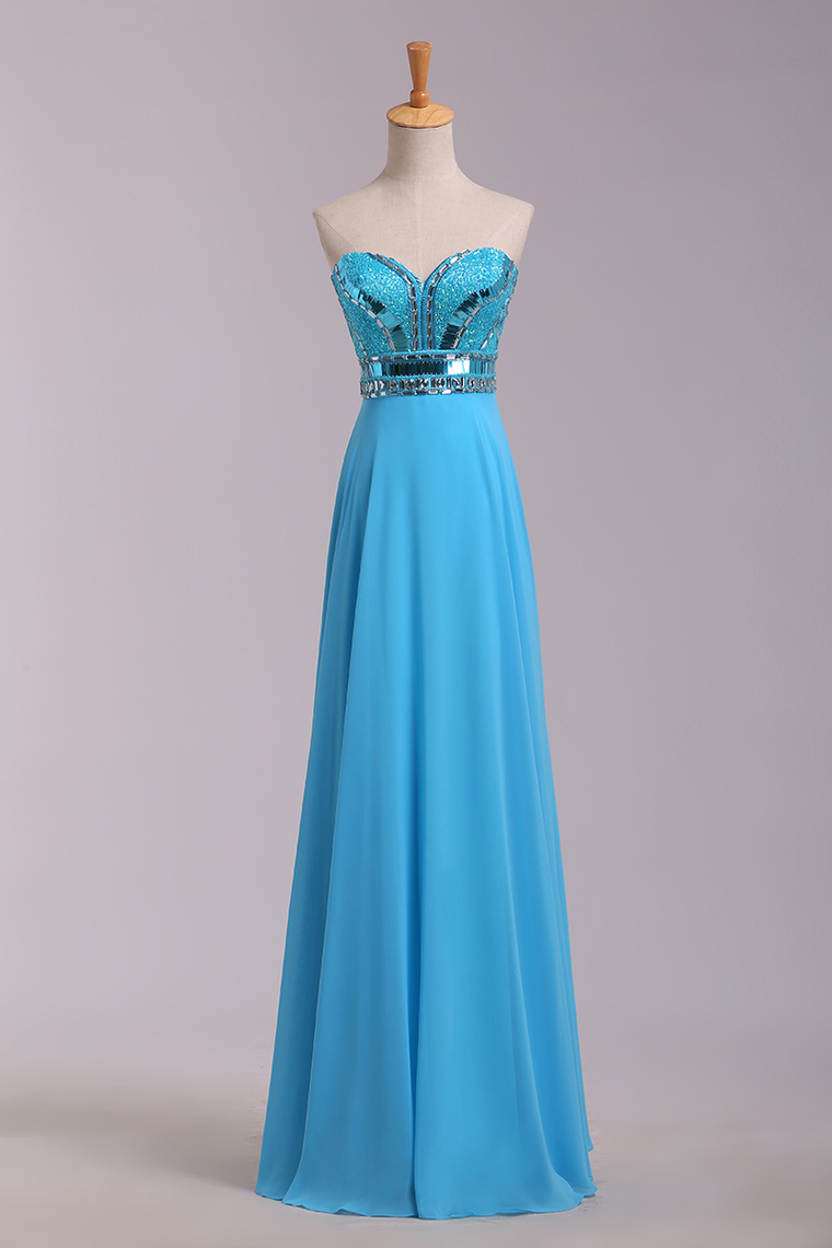 Sweetheart Long Dress Prom Beaded Blue Chiffon Dress For Partys Elegant Crystal Evening Dress Long Fashion Dress Blue