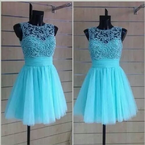 Mint Tulle Dress With Pearl,o-neck Sleeveless Knee Length Formal Cocktail Dress,most Popular Graduation Dress Sexy Homecoming Dresses
