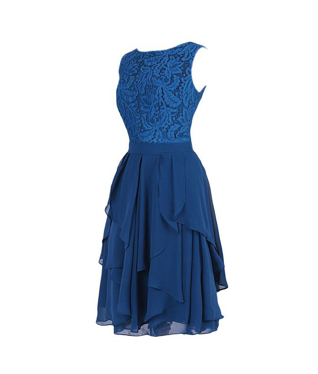 Style Royal Blue Chiffon With Lace Top Short Homecoming Dress Boat Neck Sleeveless Cocktail Dresses V Back Knee Length Short Dress Prom