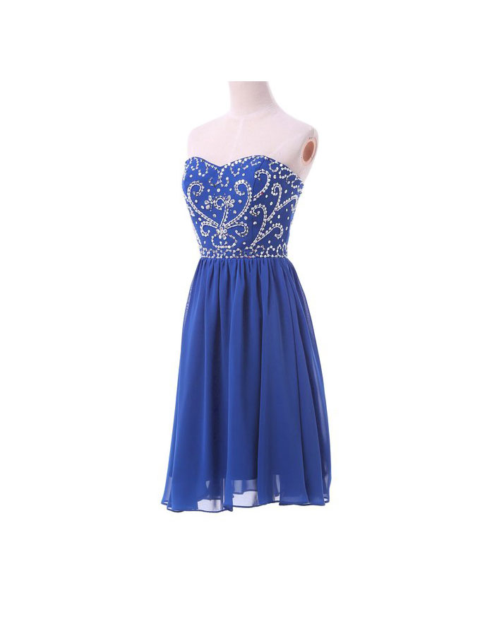 Fashional Elegat Royal Blue Sweetheart Embroidery And Beaded Short Prom Homecoming Dress,lace Up Back Chiffon Dress Prom Knee Length Formal Party
