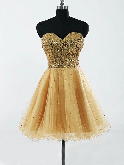 Fashion Sweetheart Gold Tulle And Sequins Short Dress Prom Knee Length Sexy Evening Dress Short