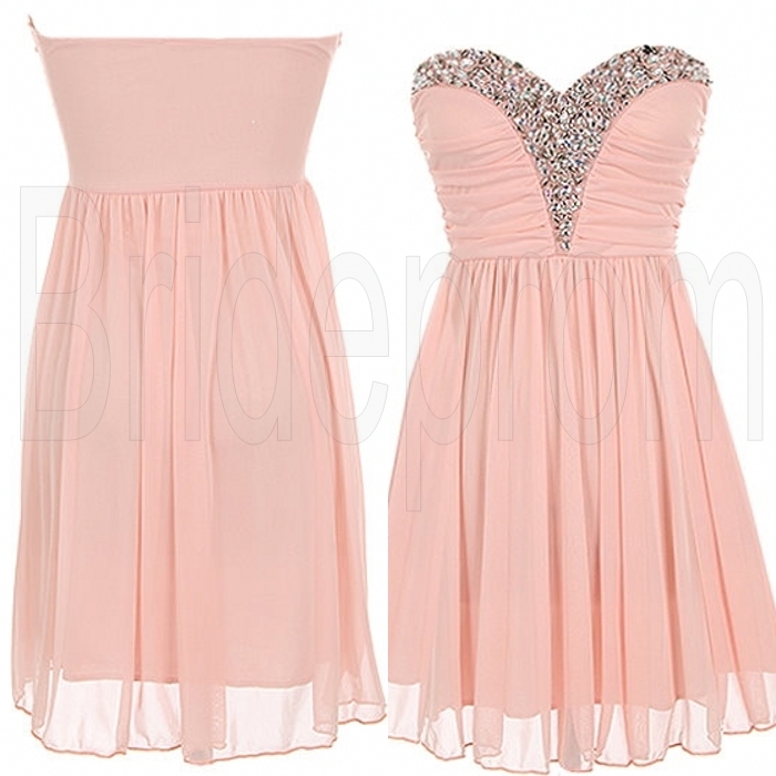 Pink Sweetheart Chiffon Sleeveless Short Prom Dress Beaded Evening Party Gown Cocktail Bridesmaid Dresses