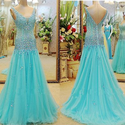 Blue Tulle Sheer Sexy V Neck Mermaid Floor Length Evening Prom Dresses,beaded High Fashion Formal Party Dress