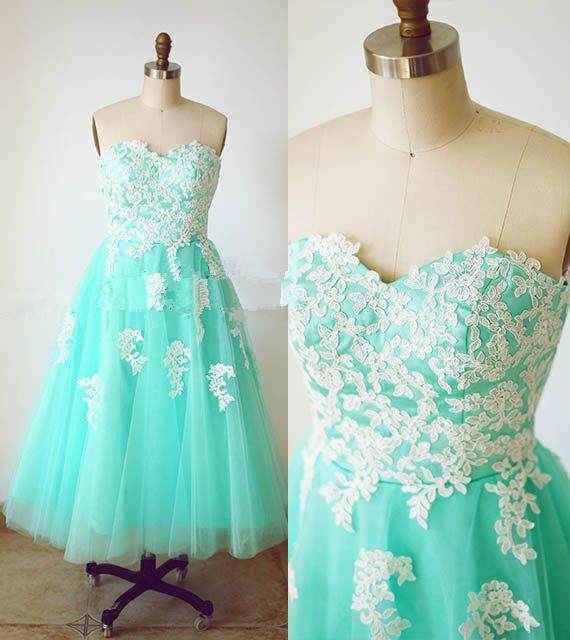 Blue Pretty Handmade Turquoise Tulle Tea Length Prom Dress With White Applique Turquoise Prom Dresses Homecoming Dresses 2015 Graduation Dresses
