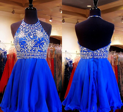 Halter High Neck Homecoming Dress Royal Blue Chiffon Beaded Bodice Mini Length Prom Dress