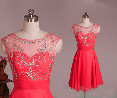Spaghetti Straps Unique Pink Beadings Chiffon Short Homecoming Dress Prom Dresses