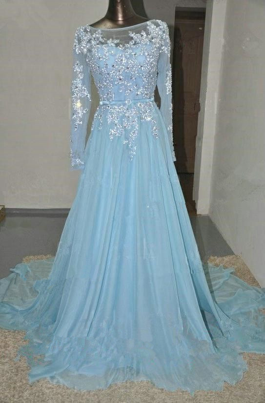 Charming Prom Dress Long Sleeve Prom Dress A-line Prom Dress,appliques Prom Dress Chiffon Prom Dress