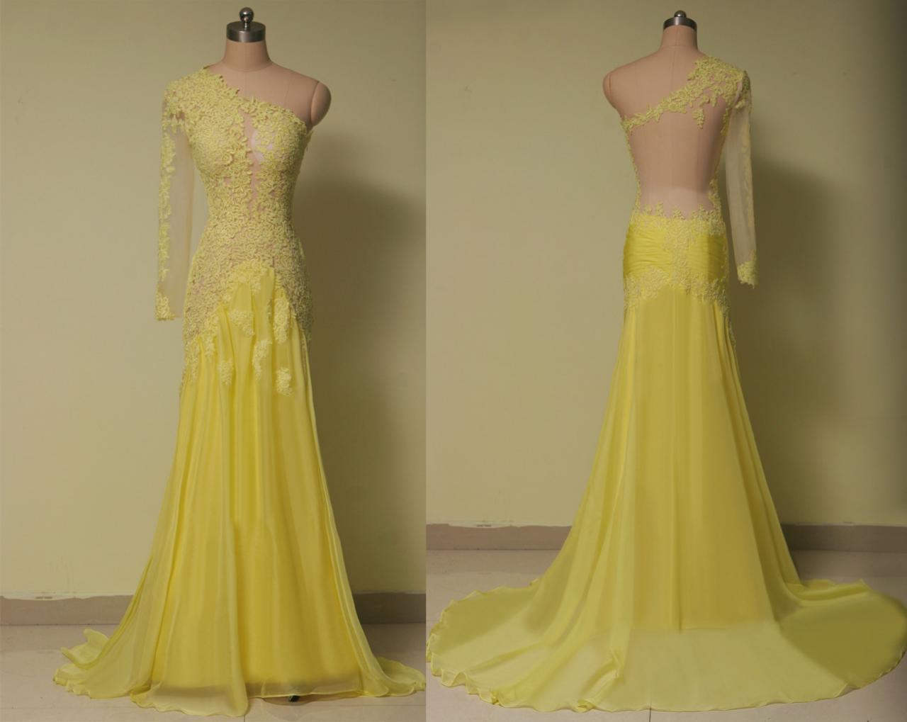 Charming Prom Dress Appliques Prom Dress Mermaid Prom Dress One-shoulder Prom Dress Long Sleeve Prom Dress