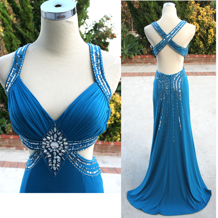 2017 Blue Sheath Sweetheart Spaghetti Backless Sequined Crystals Floor Length Chiffon Party Dresses Prom Dress Gowns
