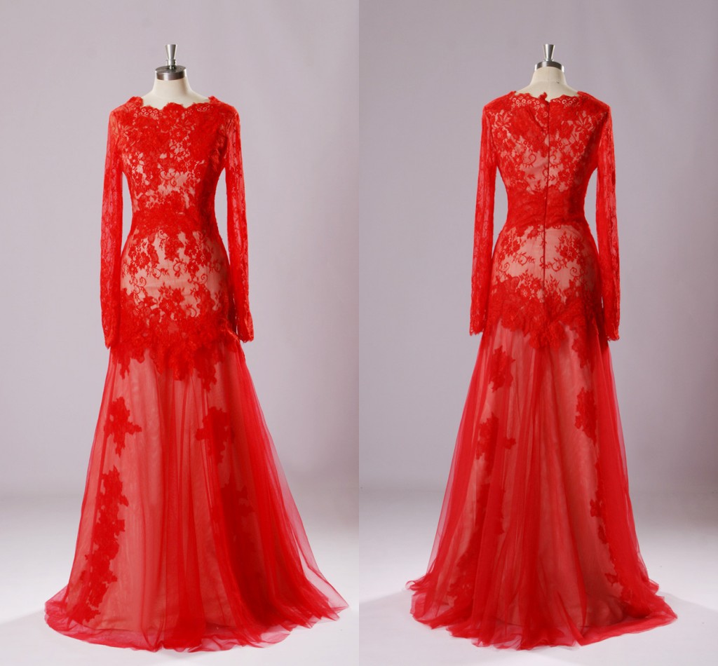 Custom Made Elegant Red Long Sleeve Evening Dresses 2015 Long Tulle Formal Party Dresses Women Dresses