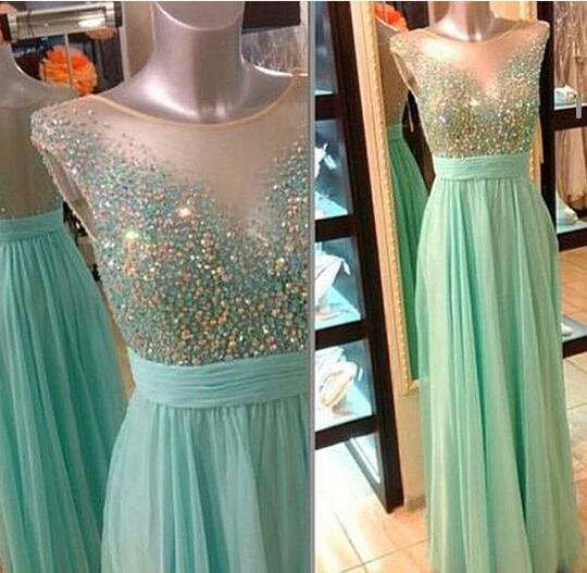Mint Green Illusion Neckline Beaded Prom Dress With Sheer Back Evening Dresses