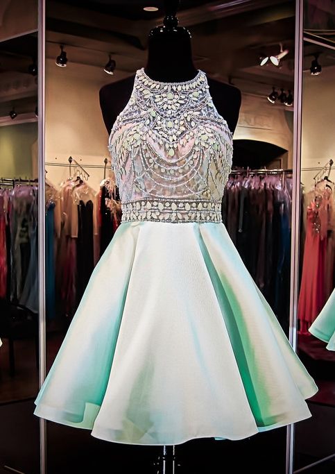Mint Green Homecoming Dresses Chiffon Homecoming Dress Beaded Prom Dresses Halter Cocktail Dresses Sweet 16 Gowns 2015 Evening Gowns