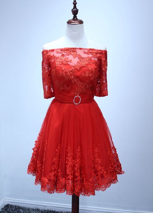 Homecoming Dress Half Sleeve Red Lace Short Homecoming Dress Short Prom Dress Tulle Prom Dress Party Prom Dress Junior Prom Dress