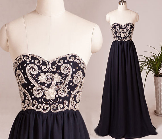 Navy Prom Dresses, Embroidery Evening Dress, Chiffon Evening Dress, Unique Prom Dresses, Sexy Prom Dresses, 2015 Prom Dresses, Popular Prom