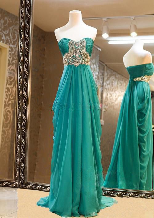 Custom Made Style Strapless Chiffon A Line Blue-green Floor Length Formal Prom Dress, Style Long Evening Dress With Beading,crystals Graduation