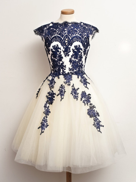Custom Round Neck White And Nevy Blue Short Lace Prom Dresses, Short