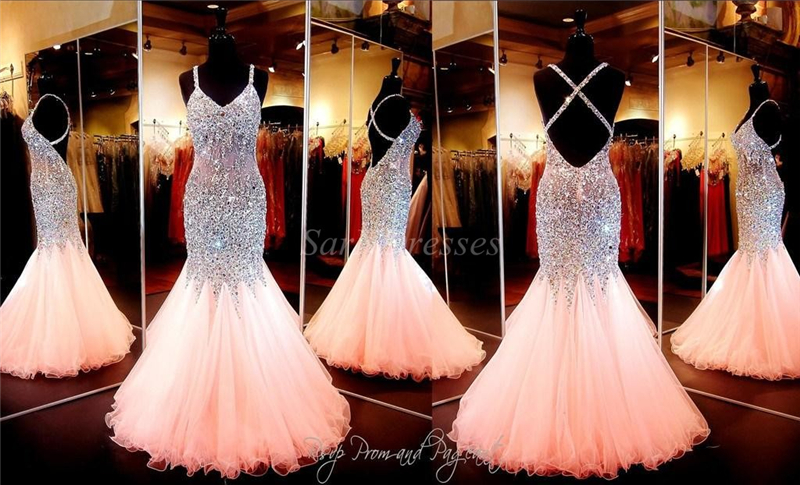 Custom Made Coral Mermaid Prom Dress, V Neckline Open Back Pageant Dress, Evening Gowns With Full Beaded Crystal