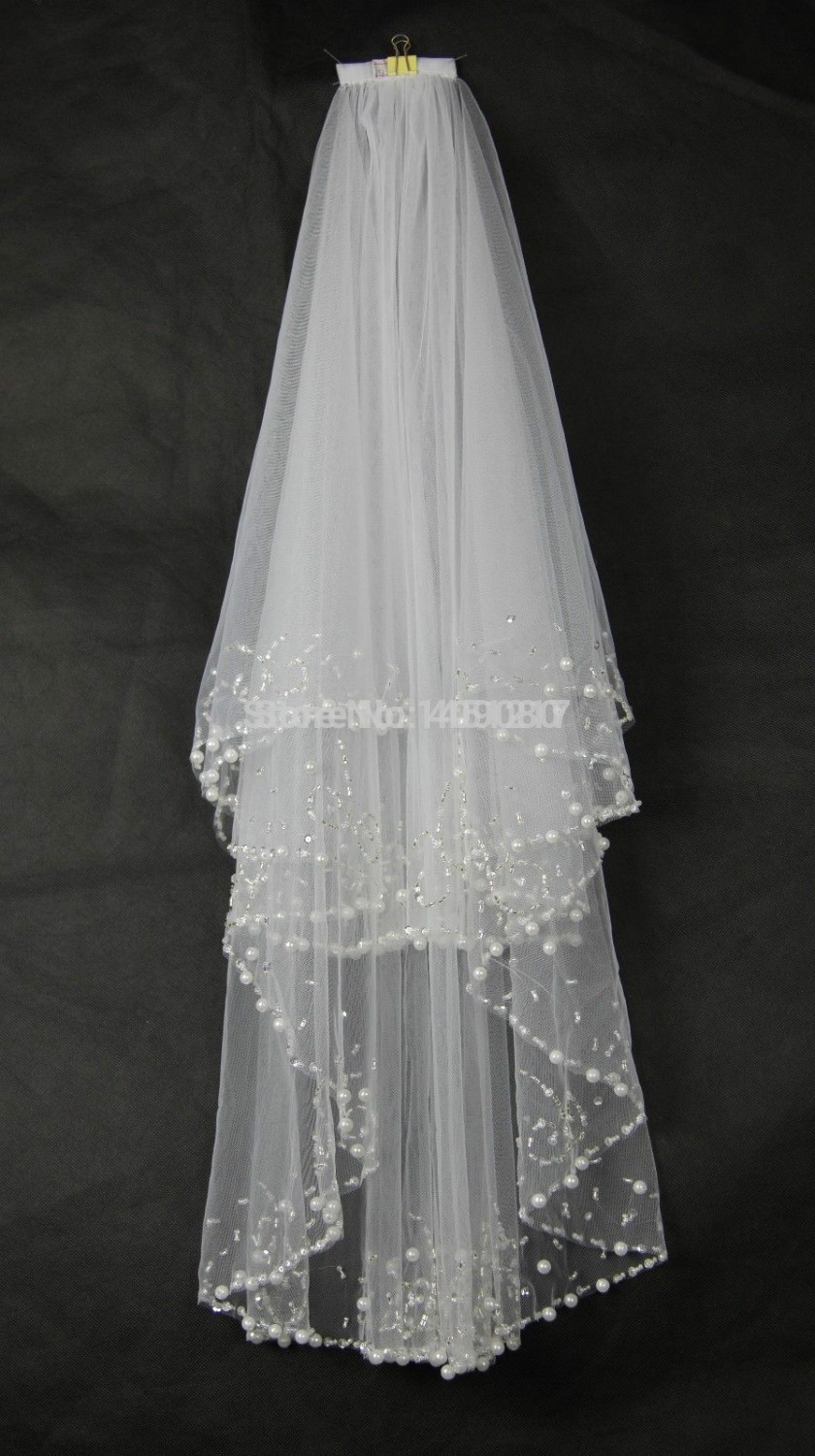 2t White/ivory Beads Pearls Wedding Veil Bridal Veil With Comb