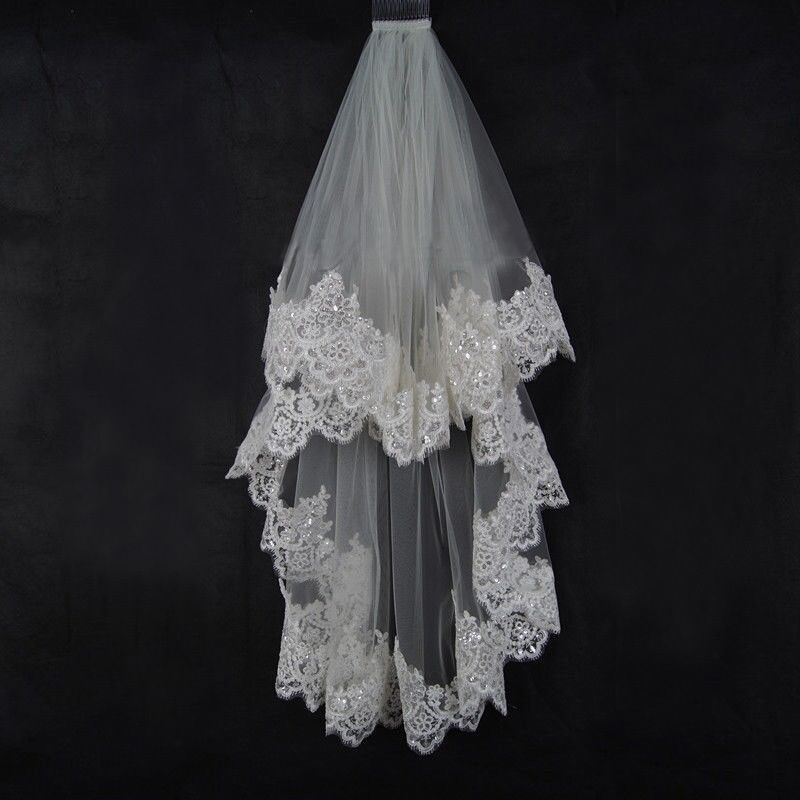 2 Layer Lace Edge With Sequins Fingertip Length Wedding Bridal Veil With Comb