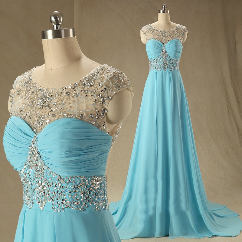 Custom Prom Gowns, Cap Sleeve Blue Chiffon Graduation Dresses, A Line Floor Length Long Evening Party Dresses
